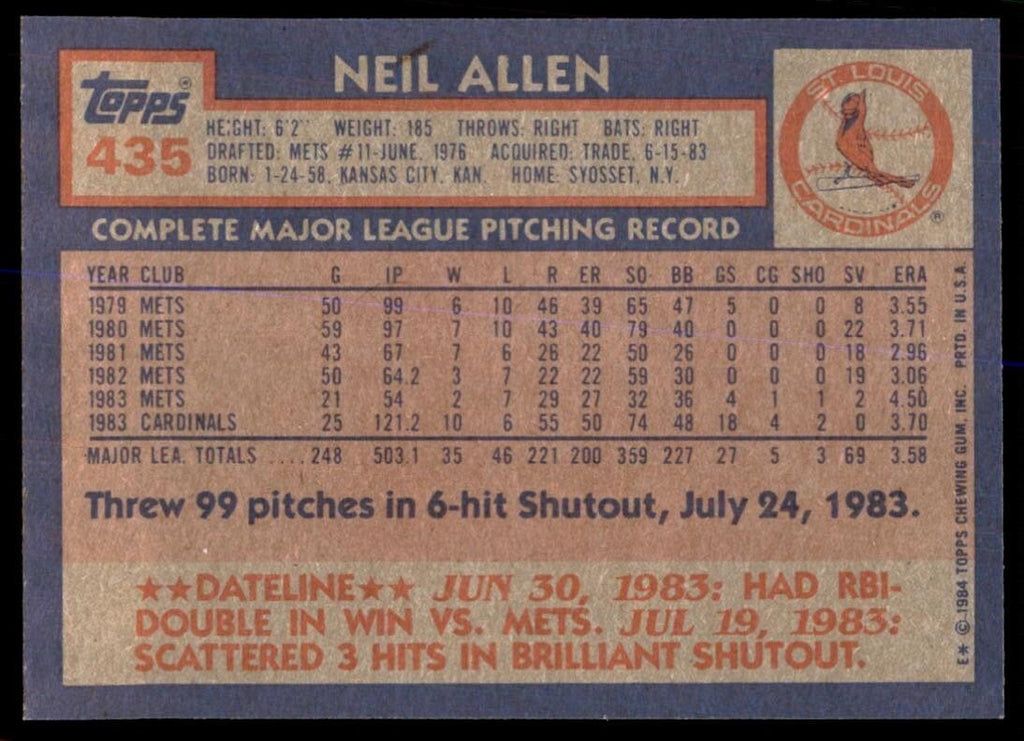 1984 Topps Cards Neil Allen St. Louis Cardinals #435