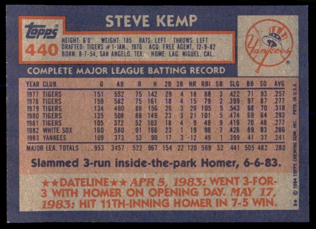 1984 Topps Cards Steve Kemp . New York Yankees #440
