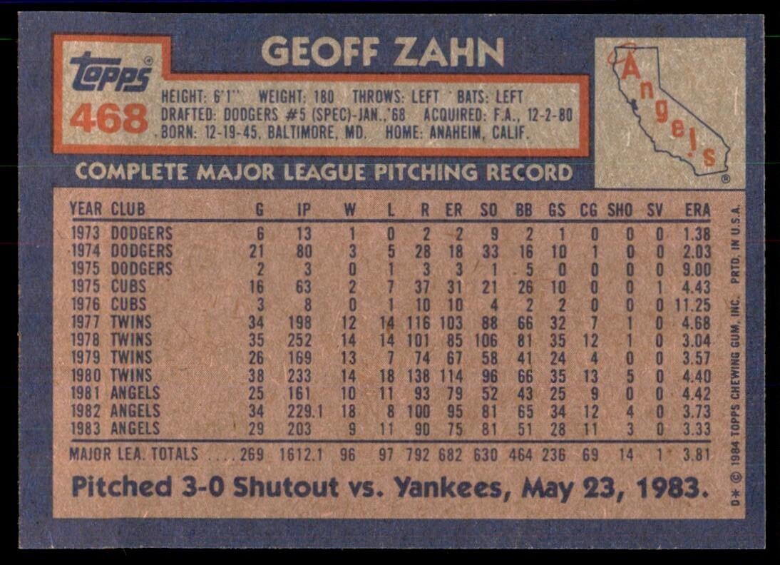 1984 Topps Cards Geoff Zahn California Angels #468