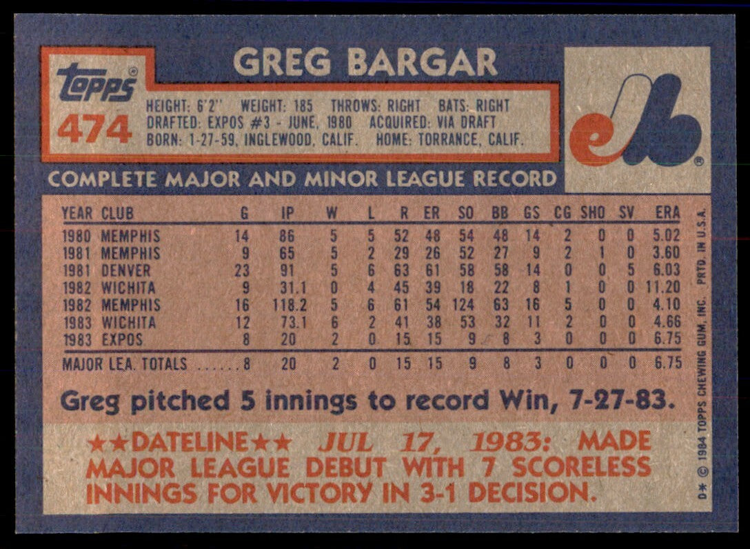 1984 Topps Cards Greg Bargar Rookie p Montreal Expos #474