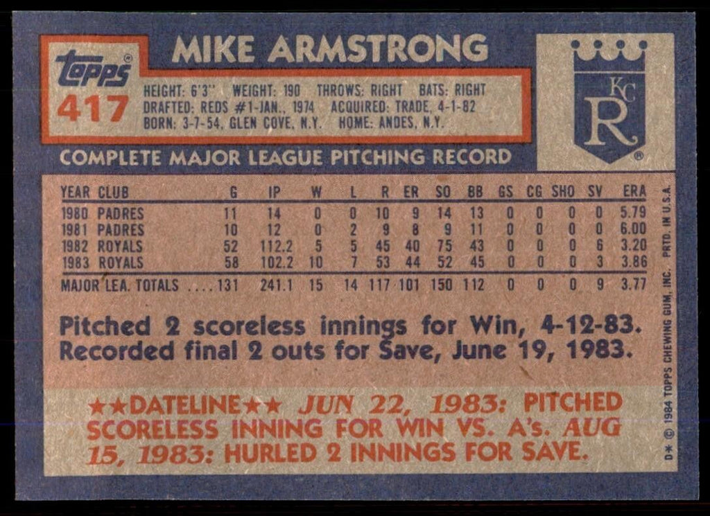 1984 Topps Cards Mike Armstrong p Kansas City Royals #417