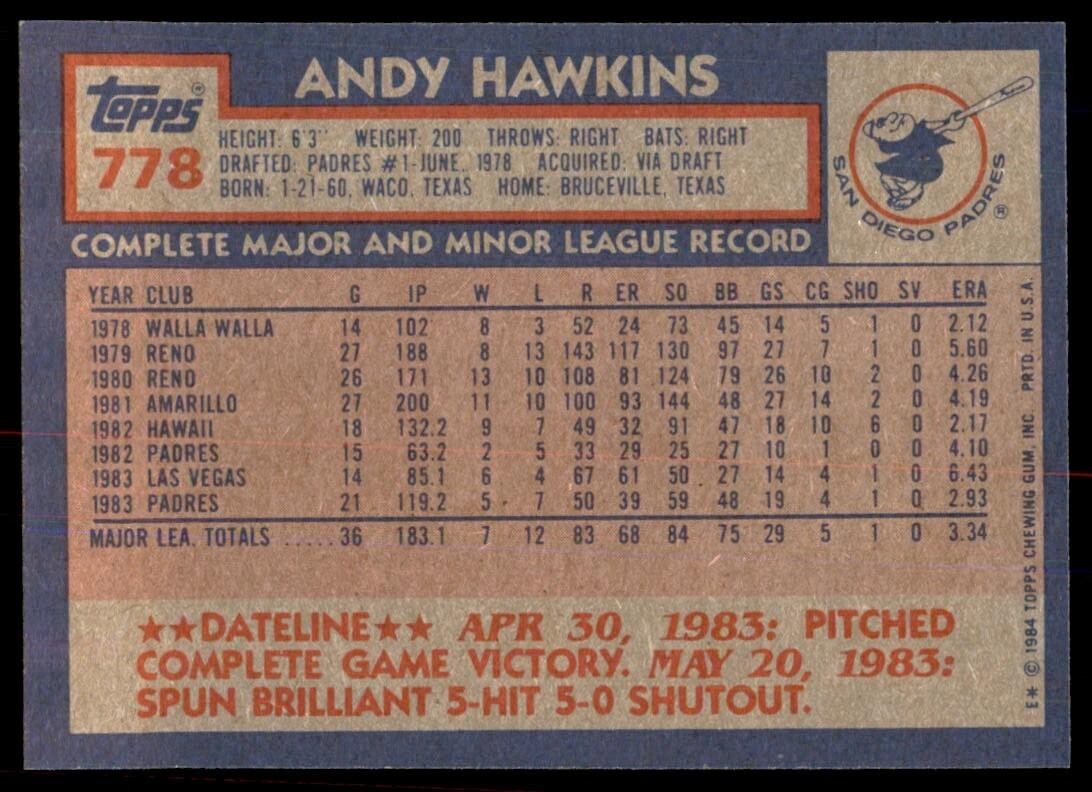 1984 Topps Cards Andy Hawkins Rookie San Diego Padres #778