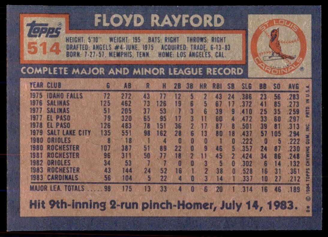 1984 Topps Cards Floyd Rayford St. Louis Cardinals #514