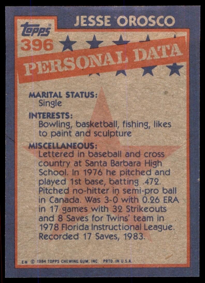 1984 Topps Cards Jesse Orosco AS New York Mets #396