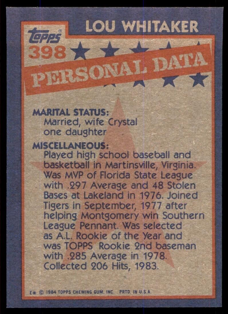 1984 Topps Cards Lou Whitaker 2b Detroit Tigers #398