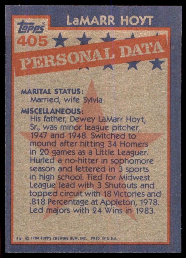 1984 Topps Cards LaMarr Hoyt p Chicago White Sox #405