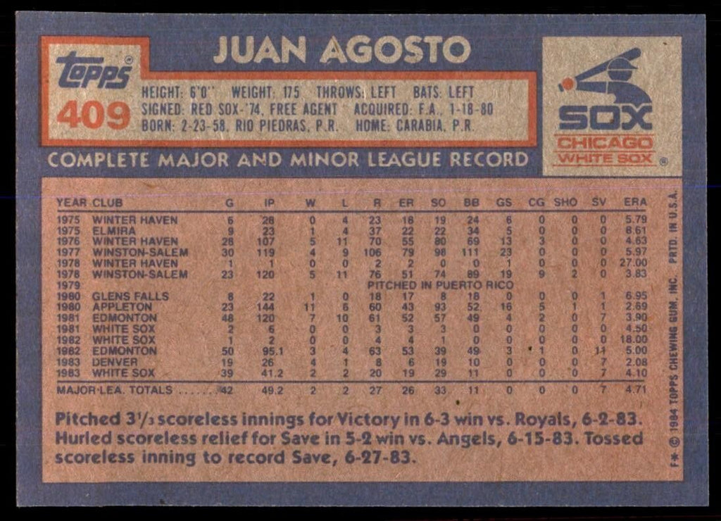 1984 Topps Cards Juan Agosto Rookie p Chicago White Sox #409