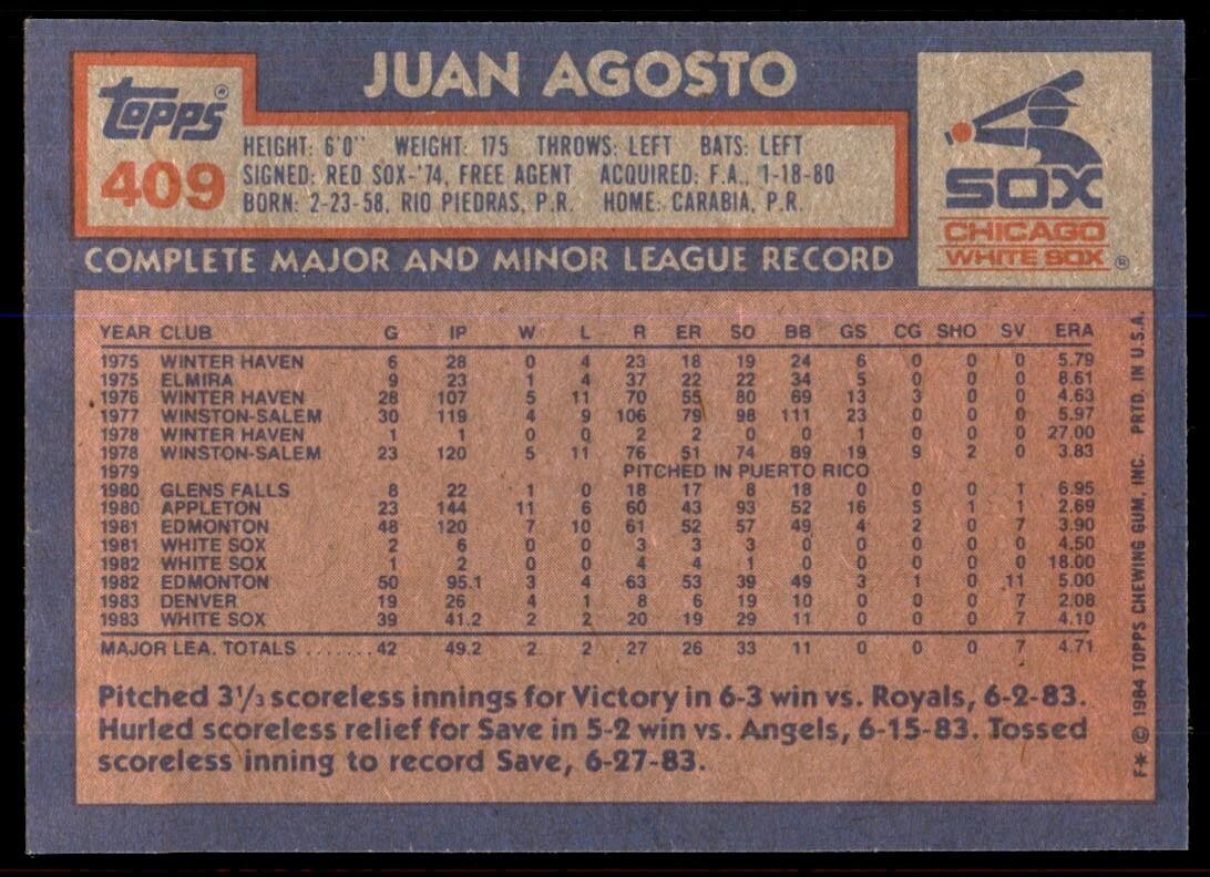 1984 Topps Cards Juan Agosto Rookie . Chicago White Sox #409