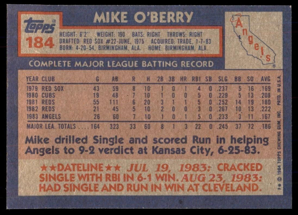 1984 Topps Cards Mike O'Berry California Angels #184