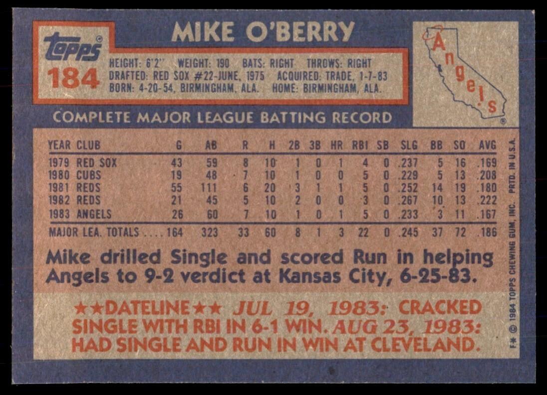 1984 Topps Cards Mike O'Berry California Angels #184