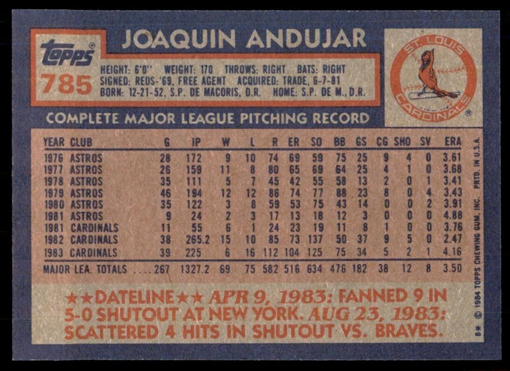 1984 Topps Cards Joaquin Andujar p St. Louis Cardinals #785