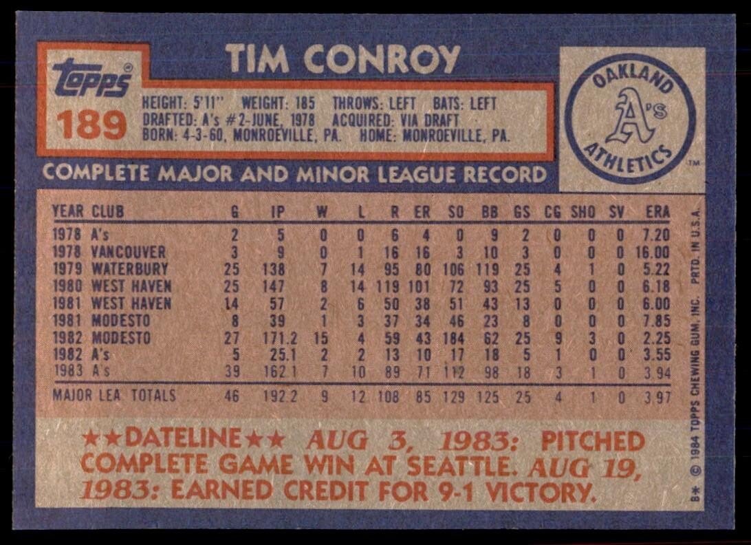 1984 Topps Cards Tim Conroy Rookie Oakland Athletics #189