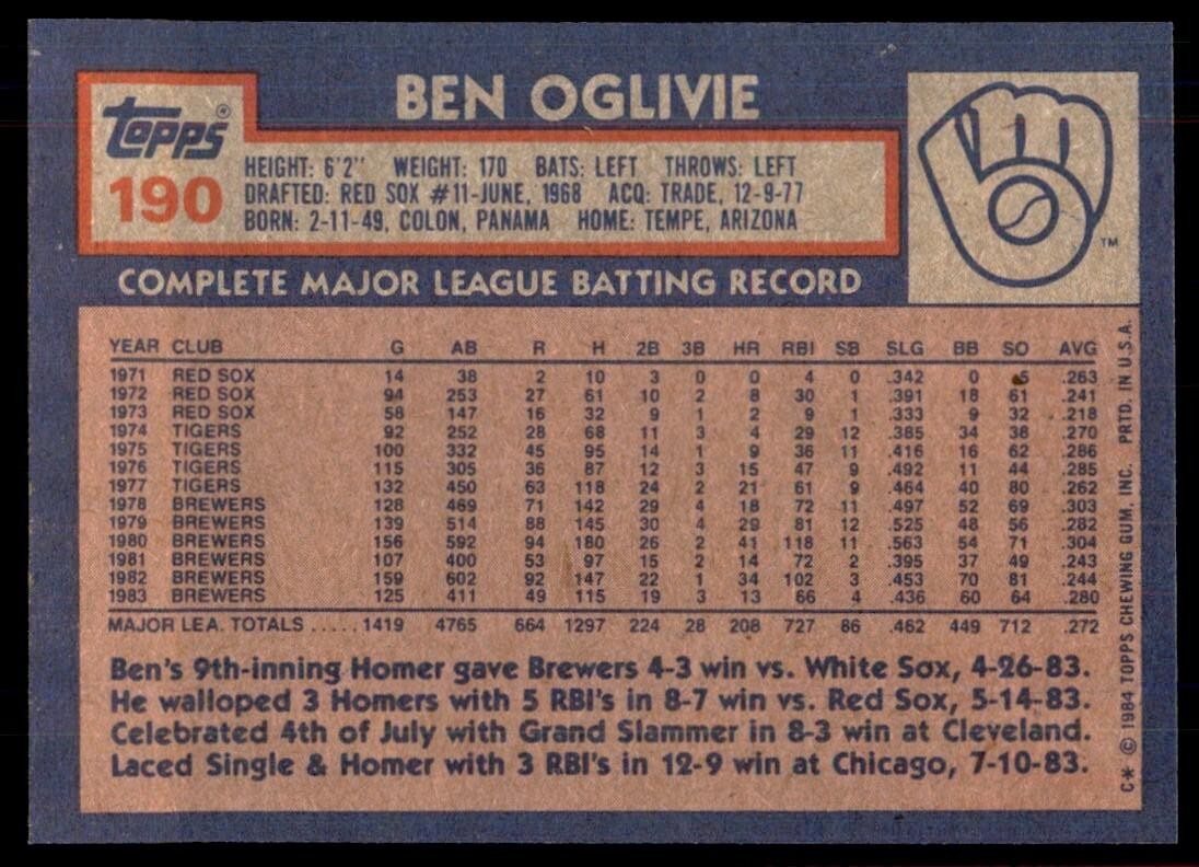 1984 Topps Cards Ben Oglivie Milwaukee Brewers #190