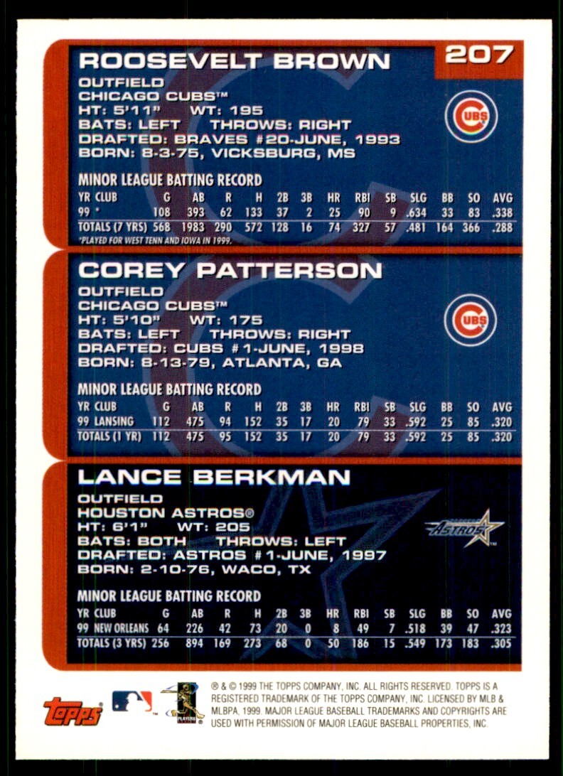 2000 Topps Baseball Card Roosevelt Brown/Corey Patterson/Lance Berkman #207