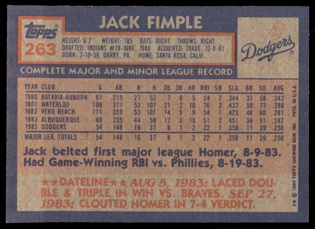 1984 Topps Cards Jack Fimple Rookie Los Angeles Dodgers #263