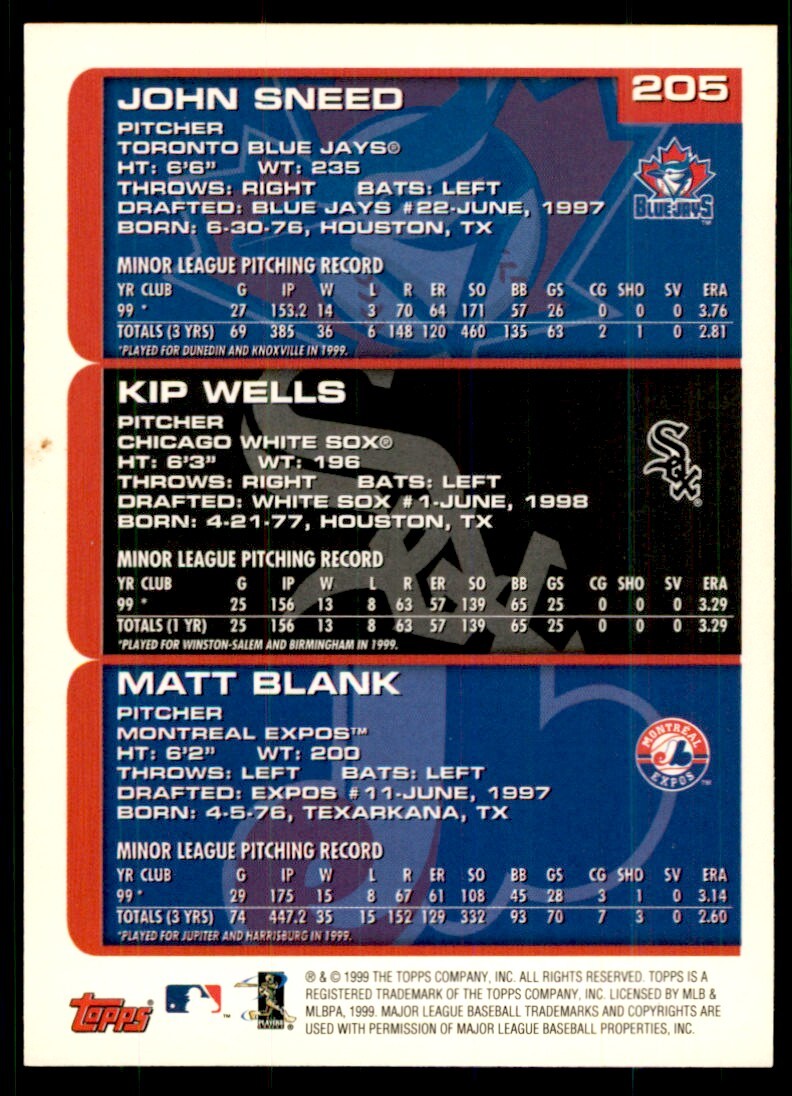 2000 Topps Baseball Card Matt Blank/Kip Wells/John Sneed A #205