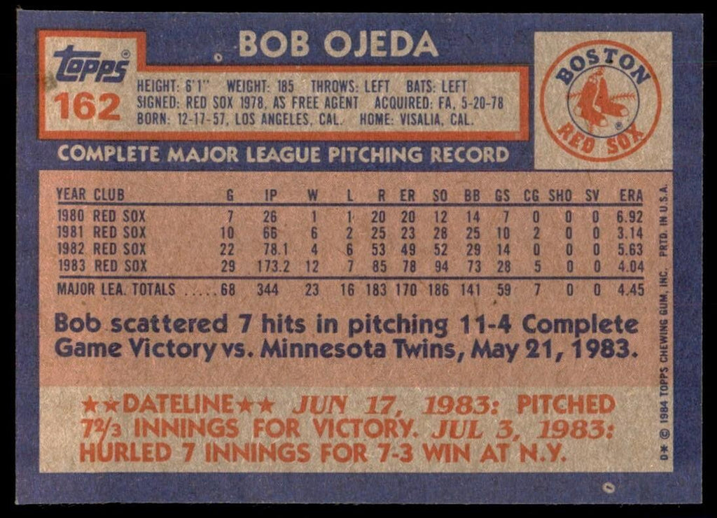 1984 Topps Cards Bob Ojeda 1 Boston Red Sox #162