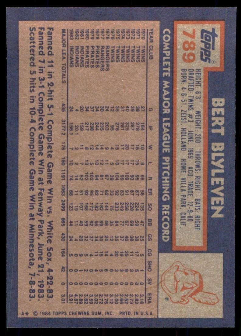 1984 Topps Cards Bert Blyleven hof Cleveland Indians #789