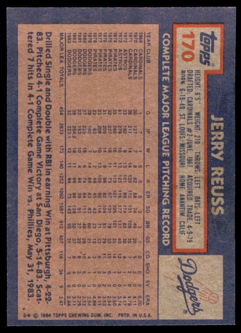 1984 Topps Cards Jerry Reuss . Los Angeles Dodgers #170