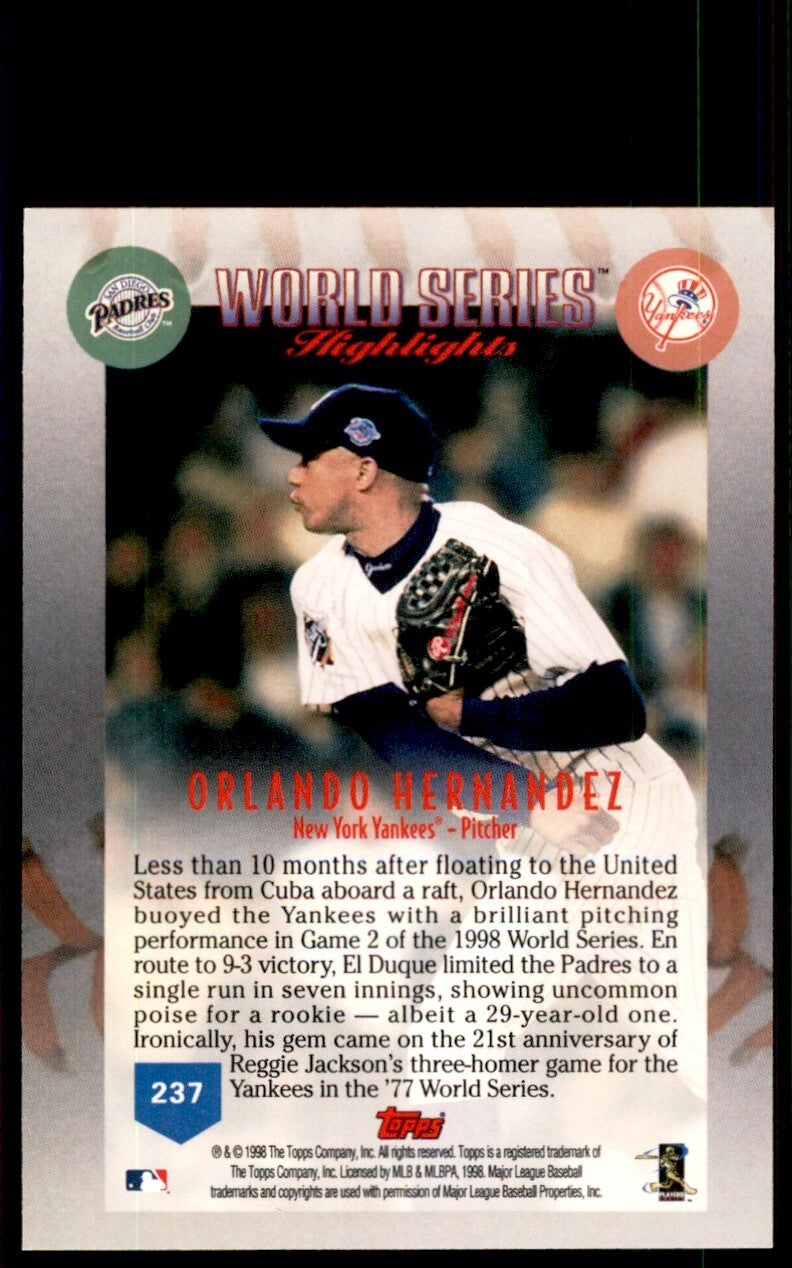 1999 Topps Baseball Card Orlando Hernandez New York Yankees #237