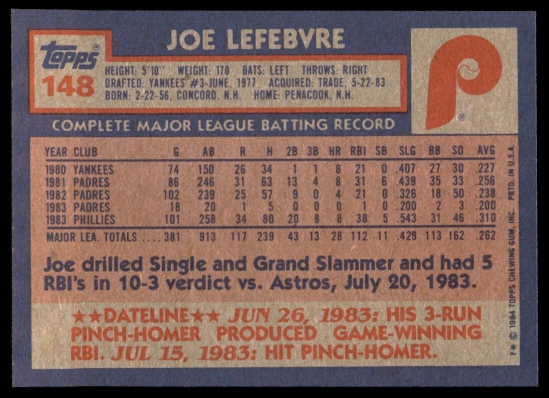 1984 Topps Cards Joe Lefebvre 3b Philadelphia Phillies #148