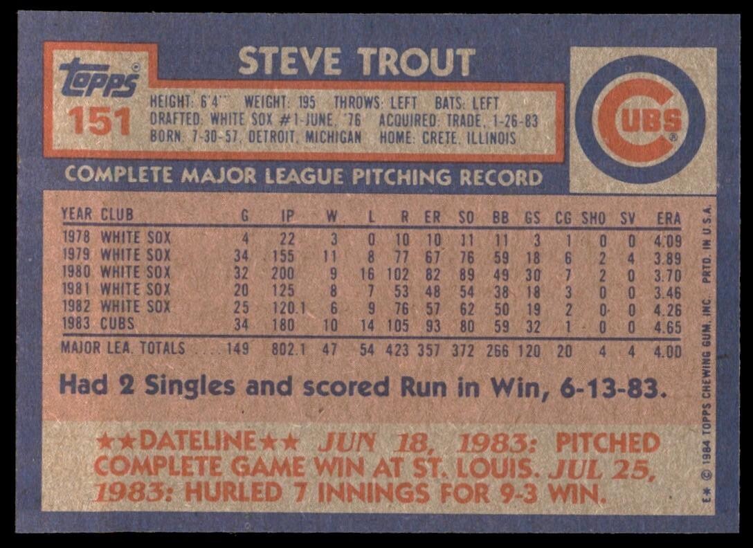 1984 Topps Cards Steve Trout Chicago Cubs #151