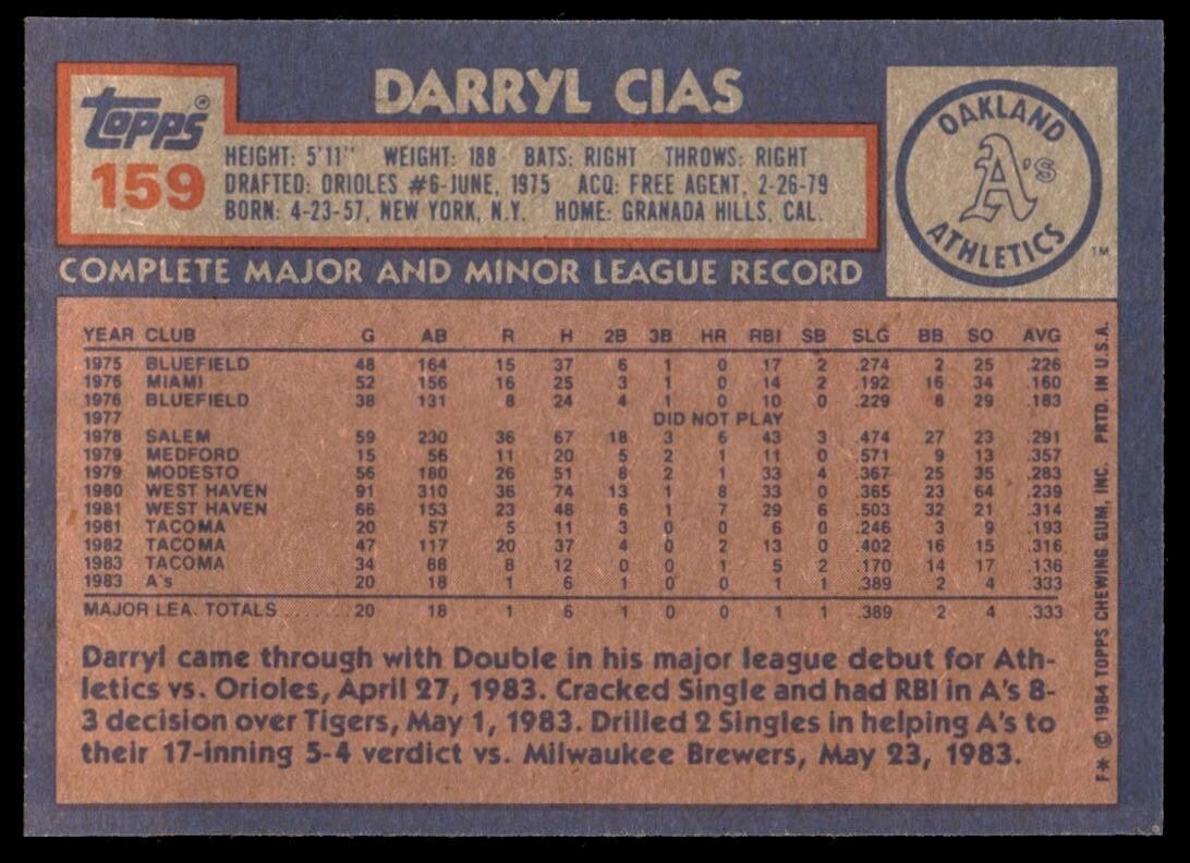 1984 Topps Cards Darryl Cias Rookie . Oakland Athletics #159