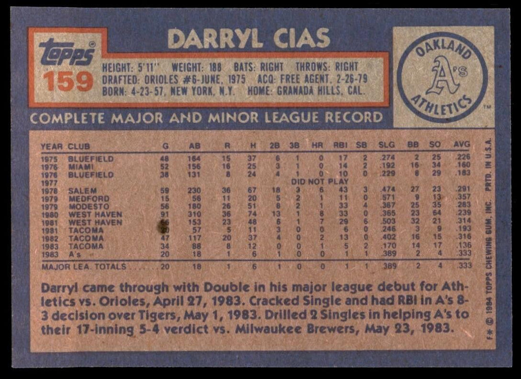 1984 Topps Cards Darryl Cias Rookie Oakland Athletics #159