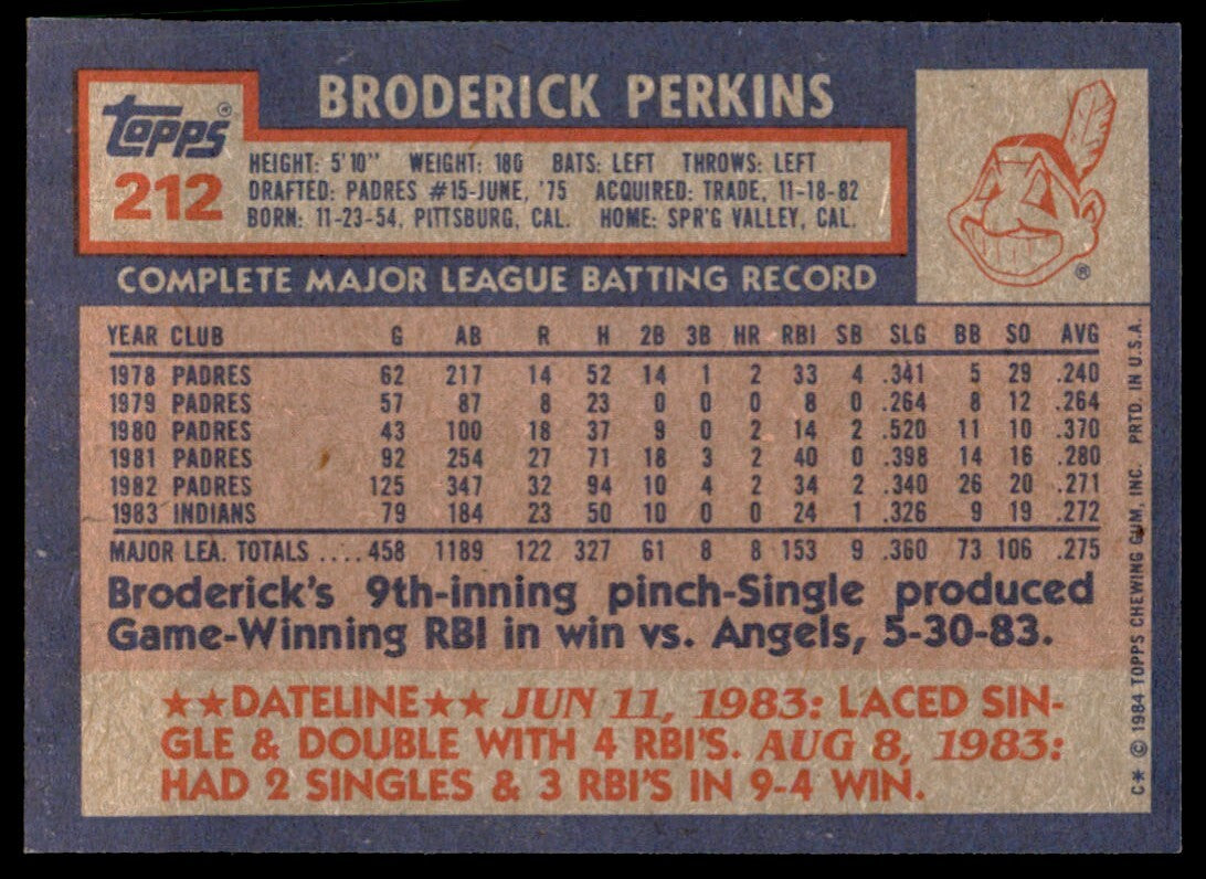 1984 Topps Cards Broderick Perkins . Cleveland Indians #212