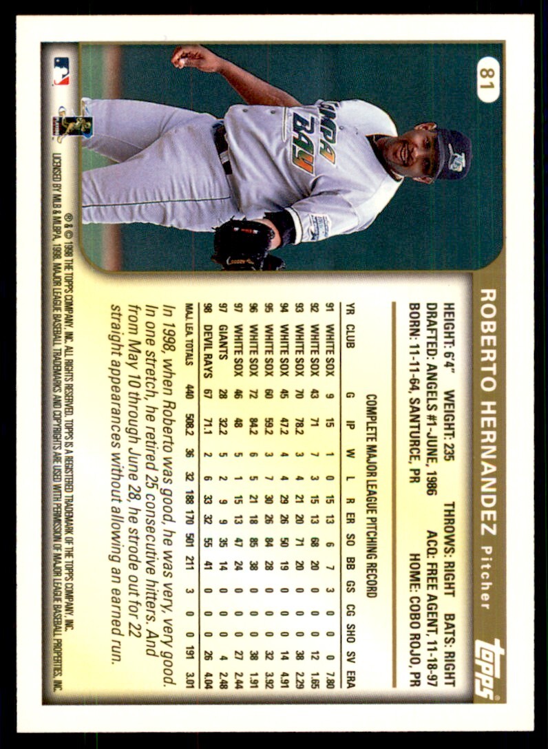 1999 Topps Baseball Card Roberto Hernandez Tampa Bay Devil Rays #81