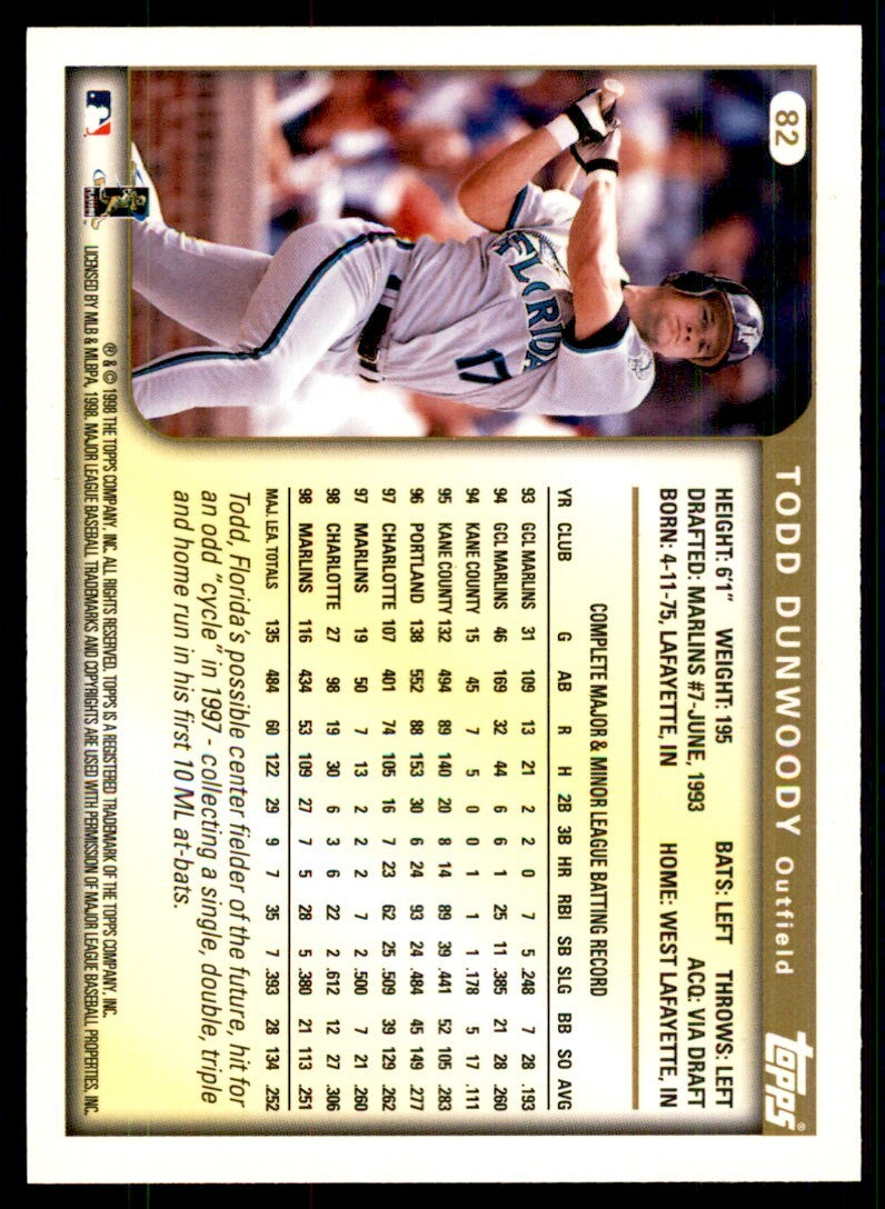 1999 Topps Baseball Card Todd Dunwoody Florida Marlins #82