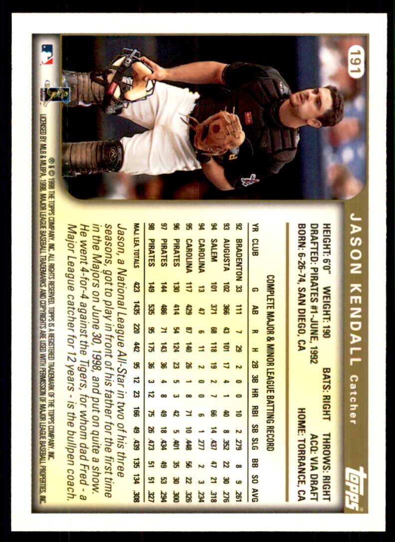 1999 Topps Baseball Card Jason Kendall Pittsburgh Pirates #191