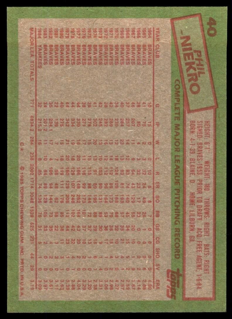 1985 Topps Phil Niekro hof New York Yankees #40