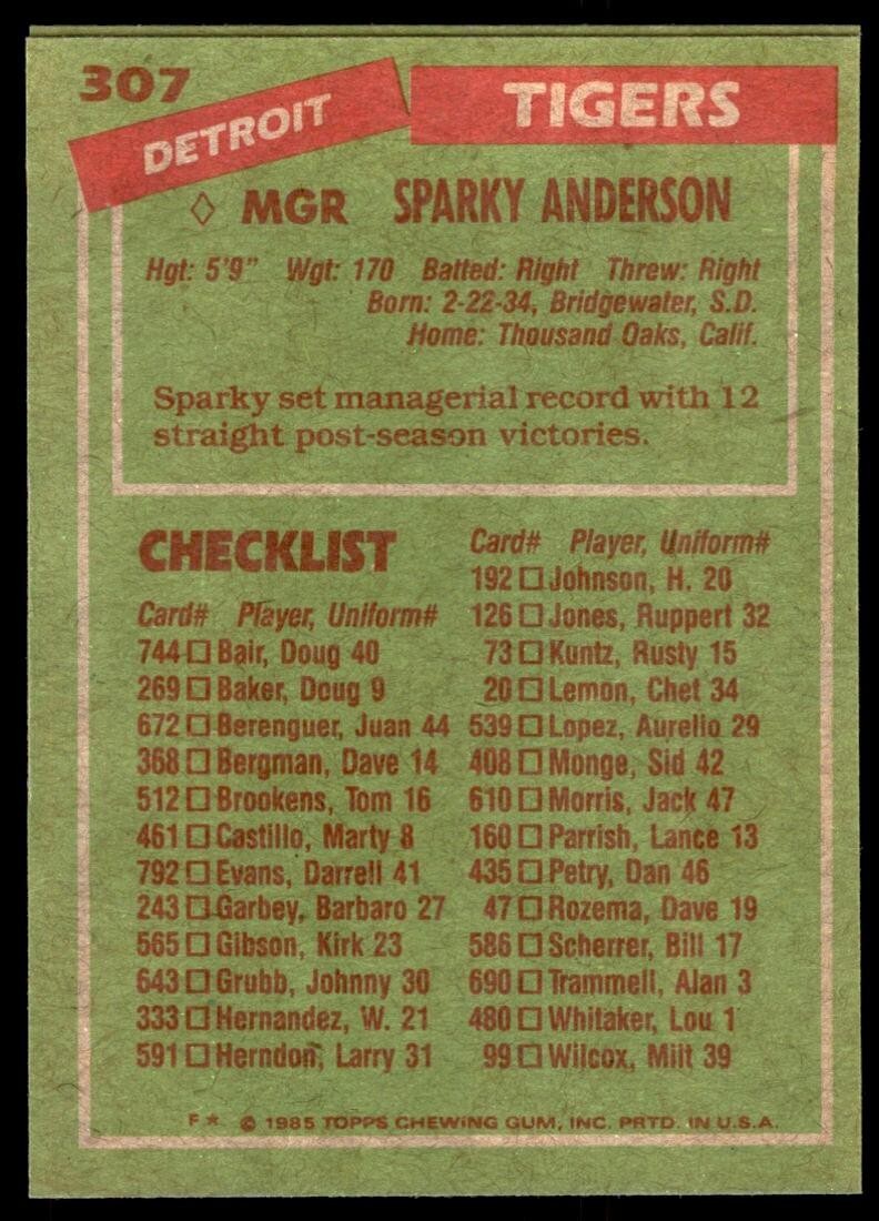 1985 Topps Sparky Anderson MGR Detroit Tigers #307