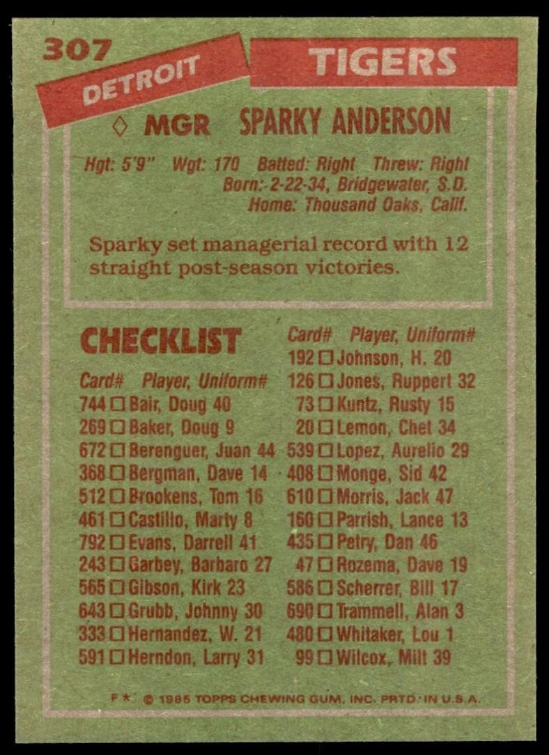 1985 Topps Sparky Anderson . Detroit Tigers #307