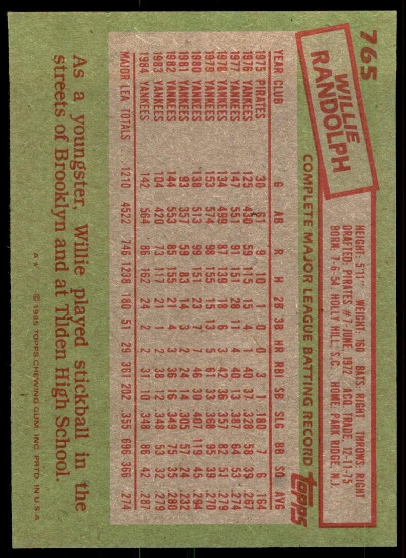 1985 Topps Willie Randolph 2b New York Yankees #765