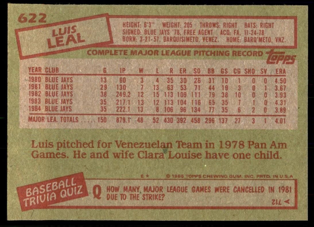 1985 Topps Luis Leal Toronto Blue Jays #622
