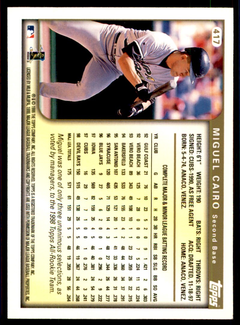 1999 Topps Miguel Cairo Baseball Card Tampa Bay Devil Rays #417