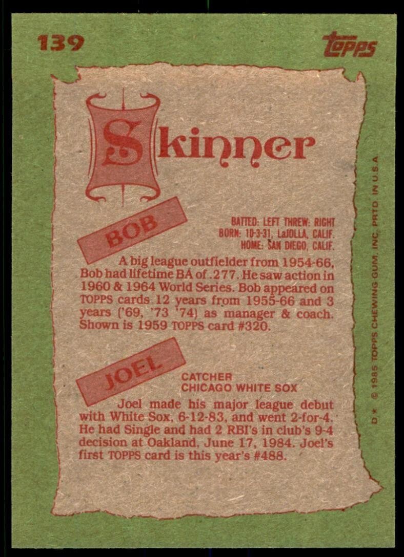 1985 Topps Bob Skinner/Joel Skinner / Pittsburgh Pirates/Chicago White Sox #139