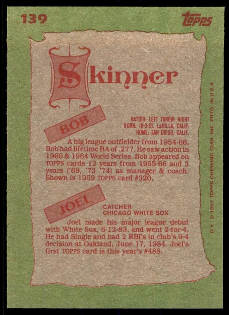 1985 Topps Bob Skinner/Joel Skinner Pittsburgh Pirates/Chicago White Sox #139