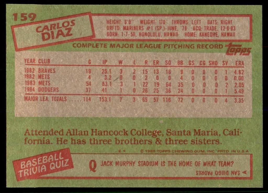 1985 Topps Carlos Diaz Los Angeles Dodgers #159