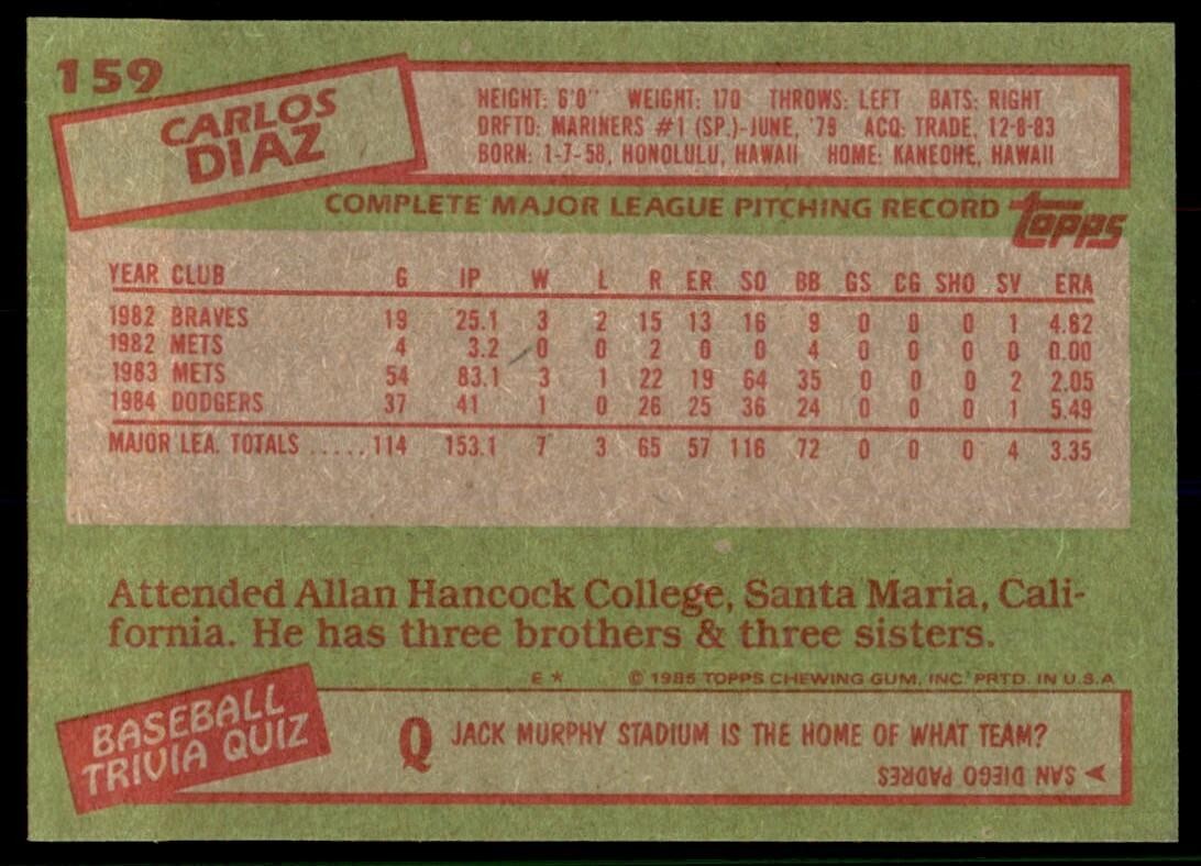 1985 Topps Carlos Diaz Los Angeles Dodgers #159