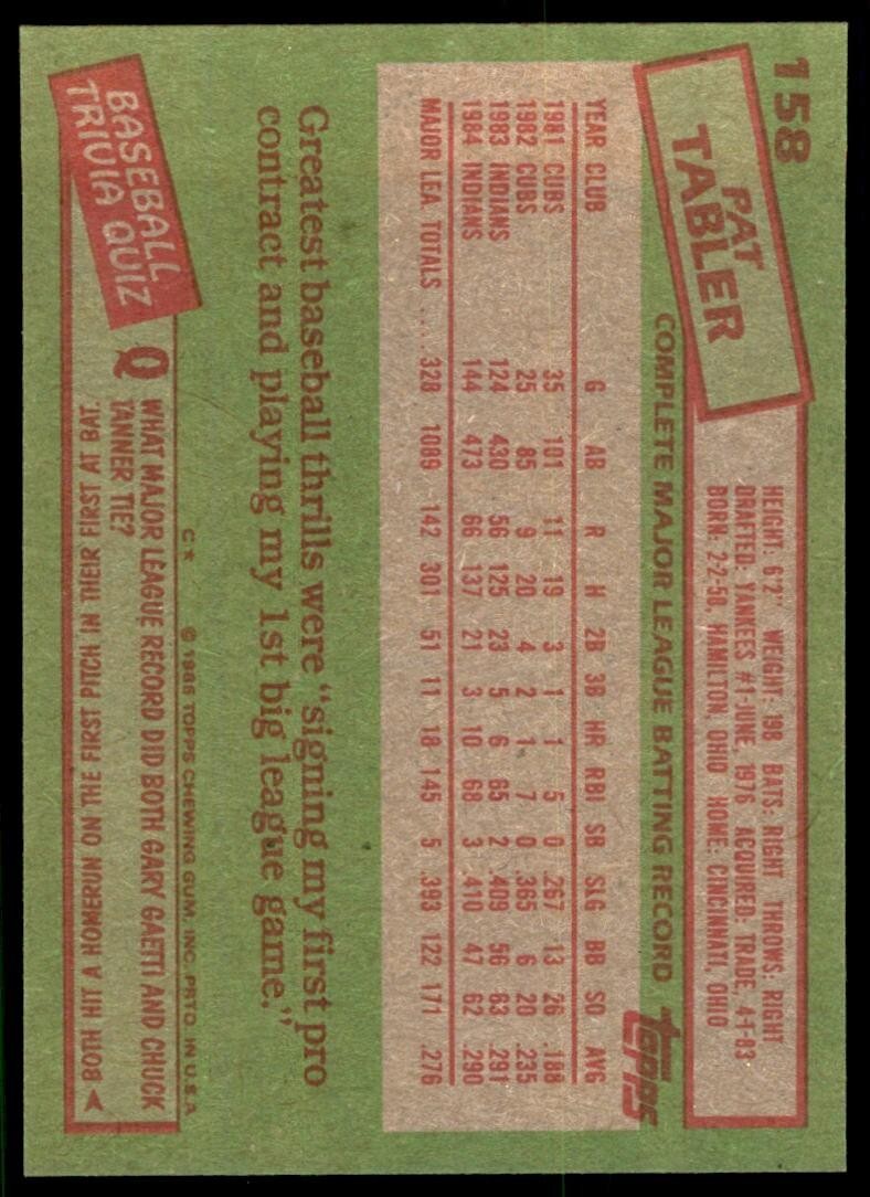 1985 Topps Pat Tabler 1b Cleveland Indians #158