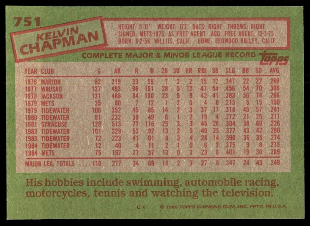 1985 Topps Kelvin Chapman Rookie New York Mets #751