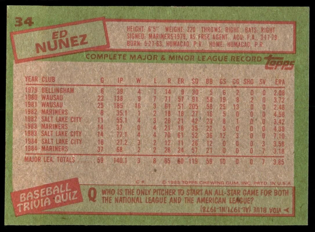 1985 Topps Ed Nunez .. Seattle Mariners #34