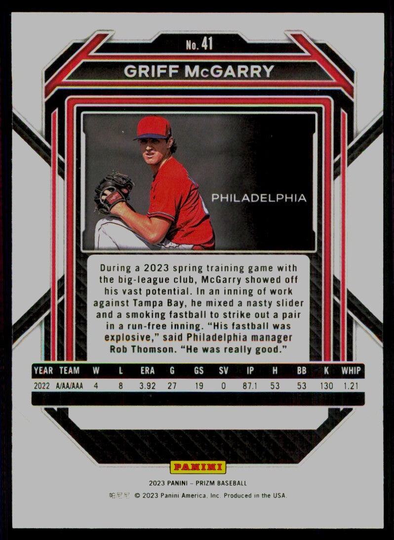2023 Panini Prizm Baseball Card Griff McGarry Philadelphia Phillies #41