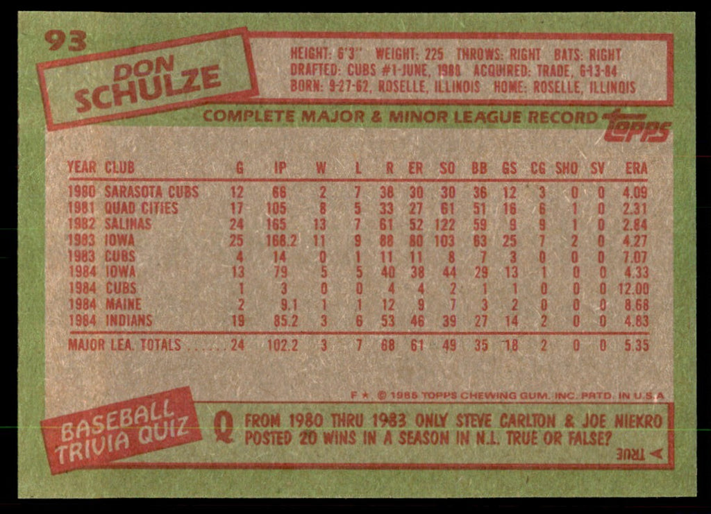 1985 Topps Don Schulze Rookie / Cleveland Indians #93