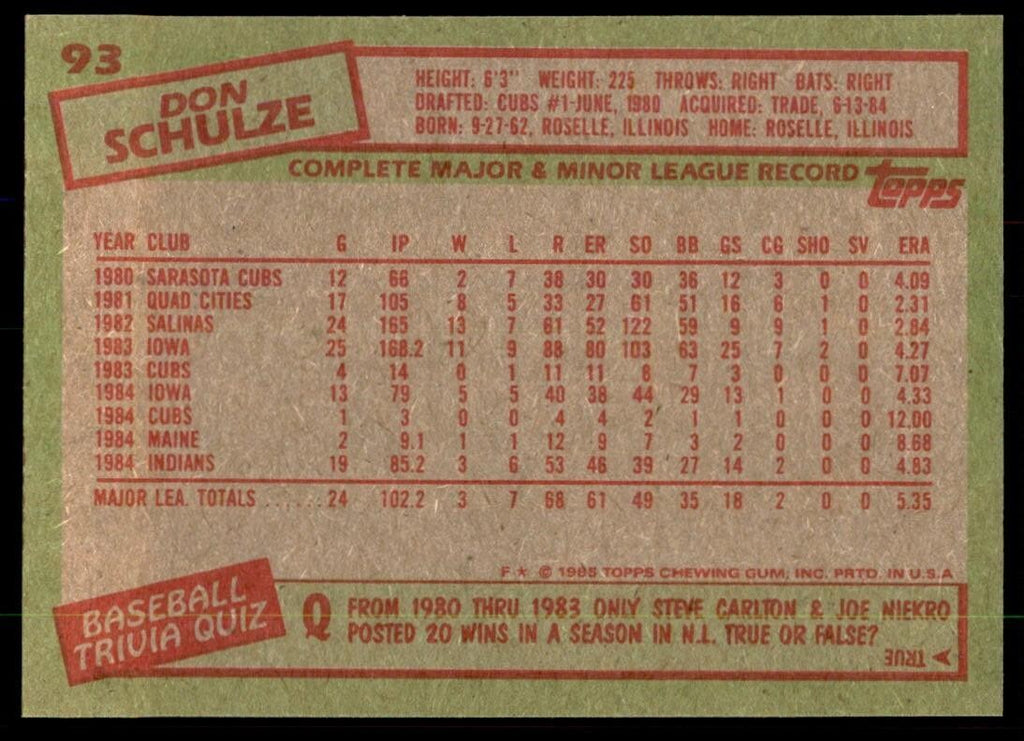 1985 Topps Don Schulze Rookie .. Cleveland Indians #93