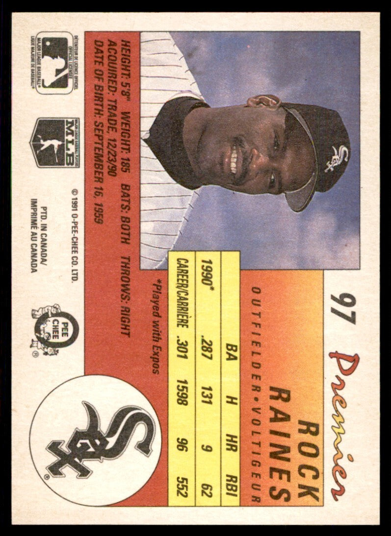 1991 O-Pee-Chee Premier Tim Raines Baseball Cards Chicago White Sox #97