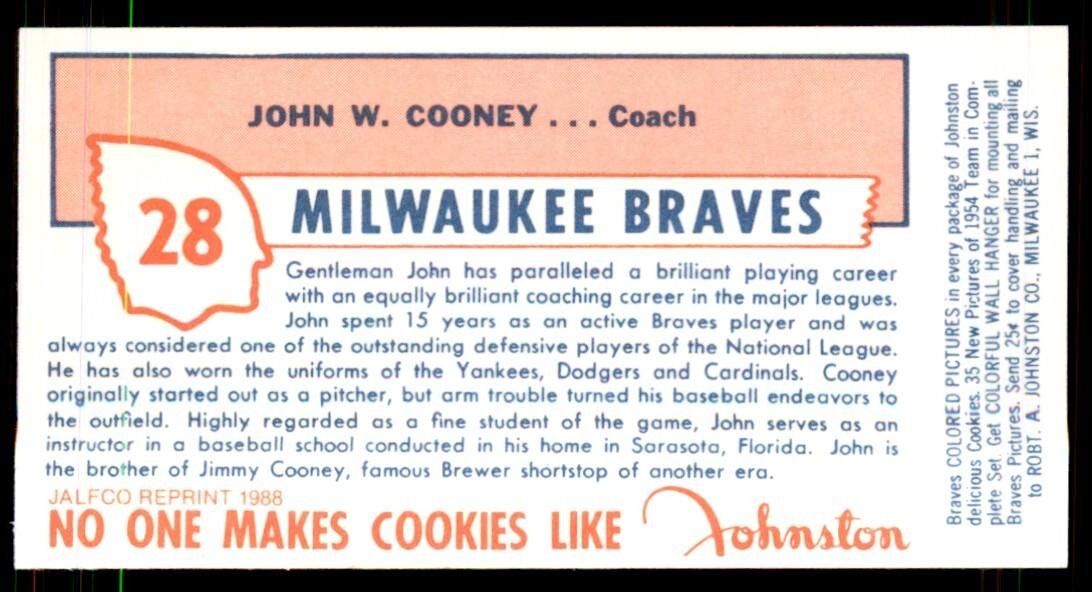 1988 JALFCO Johnson Cookies Reprints John Cooney Milwaukee Braves #28